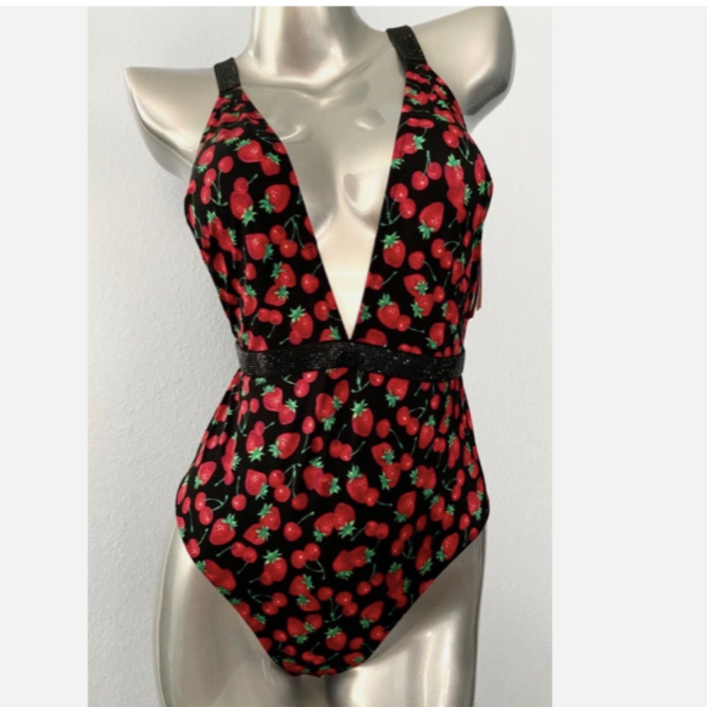 Victorias Secret Black Strawberry Shine Bling Plunge One Piece Swimsuit Swim XS